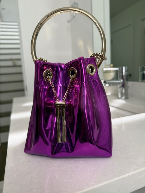 Jimmy Choo Handbags - Jimmy Choo Shiny Metallic Magenta Drawstring Mini Bag with Gold Ring Handle